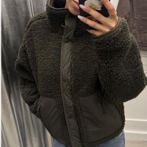 Garage Olive Sherpa Snap & Zip Jacket